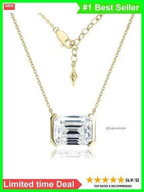 Sterling Silver Emerald Cut CZ Pendant Necklace 18K Gold Plated